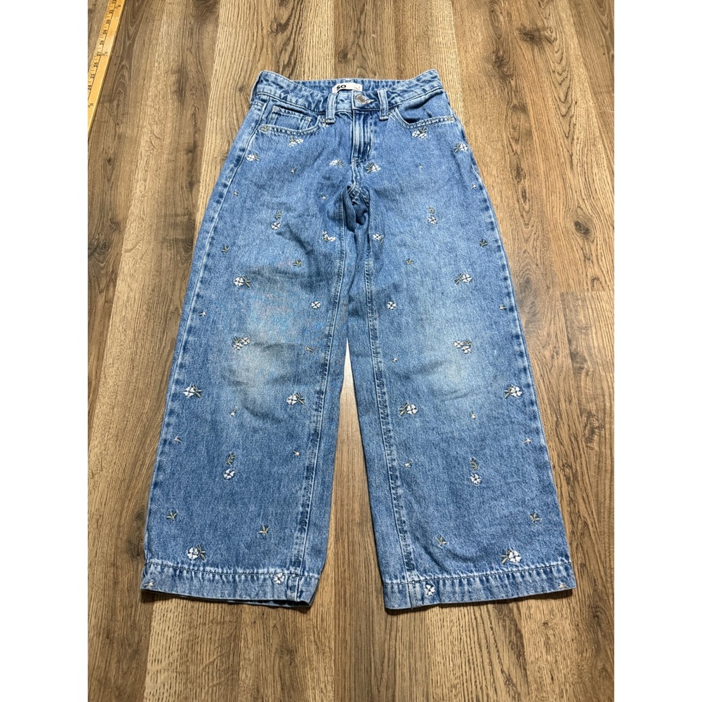 SO Jeans Girls Size 8 Blue Denim Wide Leg Floral Embroidered Casual